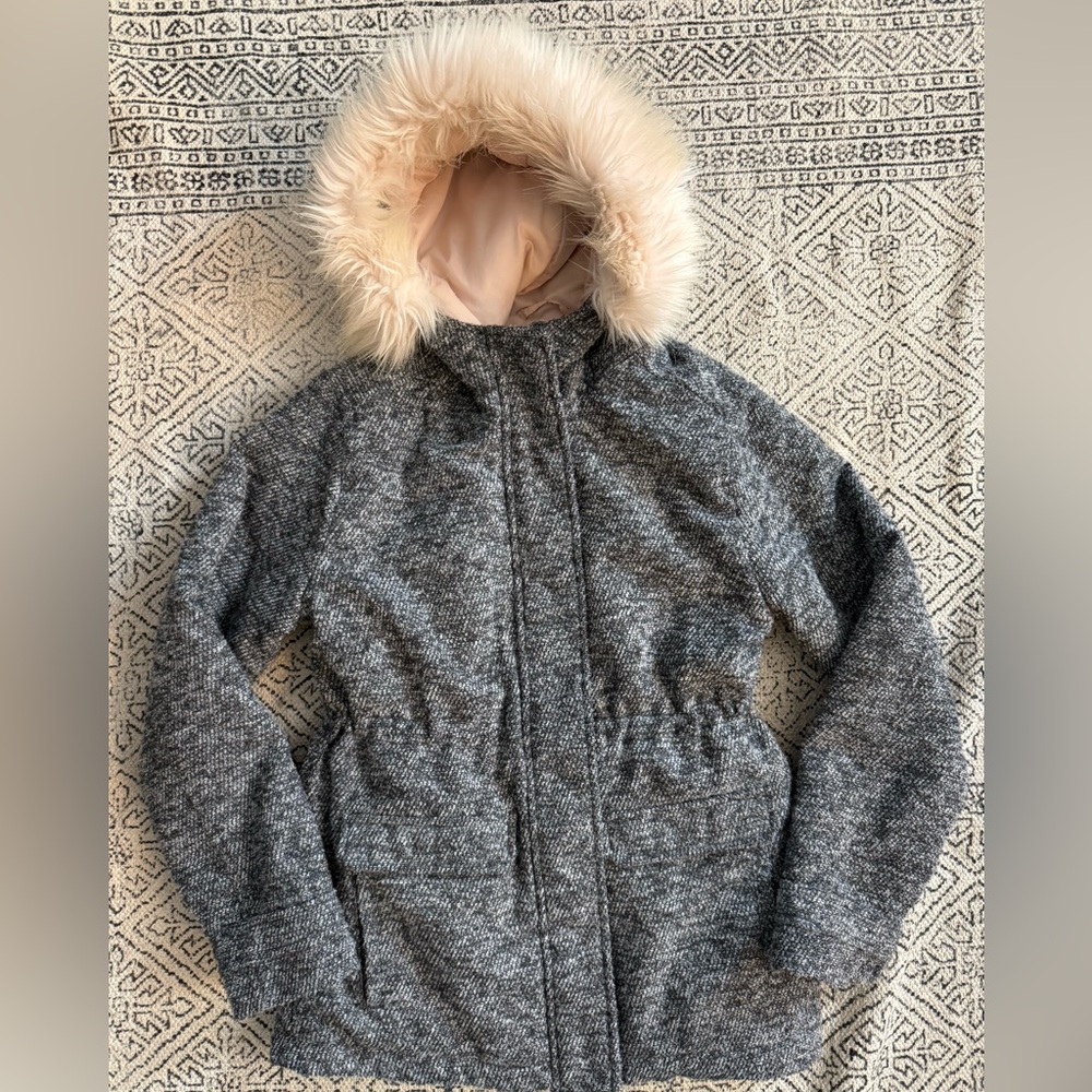 Abercrombie & Fitch Heathered Gray Jacket with light pink  Faux Fur Hood